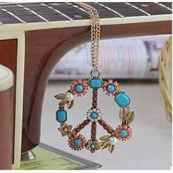 Легкий Лосось Богемный цветок знак мира сплав и стекло и пластик жемчужные подвески ожерелья, античная бронза, светлый померанцевый, 23.62 дюйм (60 см)