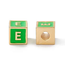 Letter E Стойки покрытие латунь эмаль бисер, без кадмия, без никеля и без свинца, реальный 18 k позолоченный, куб с письмом, зеленый лайм, letter.e, 6x6x6 мм, отверстие : 2.5 мм