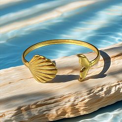 Shell Shape Морские 304 браслеты-манжеты из нержавеющей стали для женщин, золотые, формы раковины, внутренний диаметр: 2-1/4 дюйм (5.7 см)