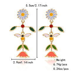 Golden Zinc Alloy Enamel Stud Dangle Earrings, Flower, Golden, 55x29mm