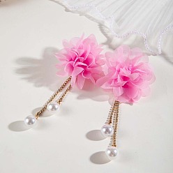 Ярко-Розовый Серьги-гвоздики с кисточками из цветочной ткани, пластикового жемчуга и хрустальных страз, ярко-розовый, 150x70 мм