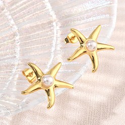 Golden 304 Edelstahl Ohrstecker, Seestern, mit abs-Kunststoffimitatperle, golden, 20x21 mm