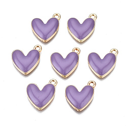 Púrpura Media Colgantes de aleación de zinc ecológicos, con esmalte, sin cadmio y níque y plomo, corazón, la luz de oro, púrpura medio, 16x15x3 mm, agujero: 1.6 mm