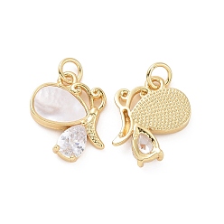 Golden Rack Plating Brass Micro Pave Clear Cubic Zirconia Pendant, with Natural White Shell and Jump Ring, Butterfly Charms, Golden, 16.5x14x2.5mm, Hole: 3mm
