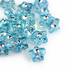 Turquoise Plating Transparent Acrylic Beads, Silver Metal Enlaced, Star, Turquoise, 9x8.5x4mm, Hole: 1mm, about 3000pcs/500g