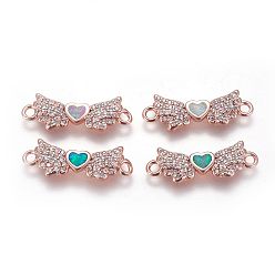 Mixed Color Brass Cubic Zirconia Links, with Synthetic Opal, Wing with Heart, Rose Gold, Mixed Color, 7x21x2mm, Hole: 1.6mm
