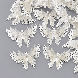 Серебро Латунные подвески, с кристально горный хрусталь, бабочка, серебряный цвет гальваническим, 26x34.5x8.5 мм, отверстие : 1 мм