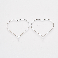 Stainless Steel Color Tarnish Resistant 304 Stainless Steel Hoop Earring Findings, Heart, Stainless Steel Color, 40x39x0.7mm, 21 Gauge, Pin: 0.7mm