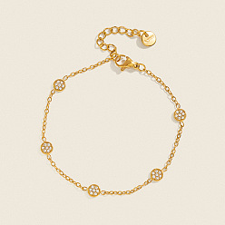 Oro 304 Pulseras de eslabones redondos planos de acero inoxidable con cristales y diamantes de imitación para mujer, dorado, 6.50 pulgada (16.5 cm)