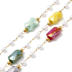 Нержавеющая Сталь Цвет Ручная работа 304 цепочки из нержавеющей стали с бусинами, пайки, с 316 кабельной цепью из нержавеющей стали, стеклянные бусины и искусственный жемчуг из АБС-пластика и катушка, самородки, цвет нержавеющей стали, 7.5x6x4 мм