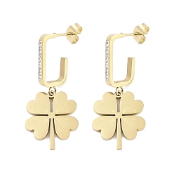 Real 18K Gold Plated Clover 304 Stainless Steel Dangle Earrings, Rhinestone Stud Earrings for Women, Real 18K Gold Plated, 37x16mm