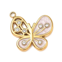 Pink 304 acier inoxydable émail pendentifs, avec strass, charmes de papillon, réel 18 k plaqué or, rose, 19x16.5x2mm, Trou: 1.3mm