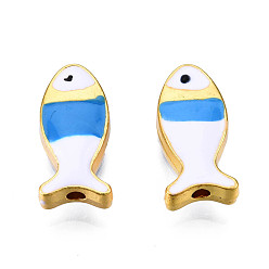 Белый Рейка покрытие сплава эмалевые бусины, без кадмия и без свинца, рыба, золотой свет, белые, 17x8x4.5 мм, отверстие : 1.8 мм