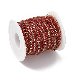 Red Vacuum Plating 304 Stainless Steel Cobs Chains, with Enamel, Soldered, with Spool, Golden, Red, 7x6x1mm