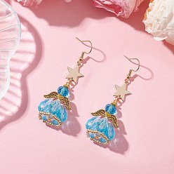 Темно-бирюзовый Ангел-звезда ручной работы из стеклянных бусин и стеклянных подвесных сережек для женщин, 304 серьги нержавеющей стали, золотые, темные бирюзовый, 60x21 мм