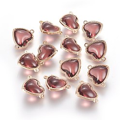 Бледно-фиолетовый Красный Соединители стеклянные ссылки, с элементами из экологически чистого сплава, сердце, золотой свет, бледно-фиолетовый красный, 14x18.5x7 мм, отверстие : 1.2 мм