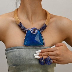 Темно-Синий Комплекты из ожерелий с подвесками в форме трапеции из акрила, обмотанных алюминиевой проволокой, и плоских круглых серег-подвесок, темно-синий, 400 мм