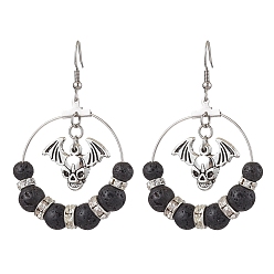 Black Brass with 304 Stainless Steel Dangle Earring, with Lava Rock and Alloy Pendant, Devil for Halloween, Black, 62x38mm