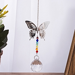 Clear Crystals Chandelier Suncatchers Prisms Chakra Hanging Pendant, with Iron Cable Chains, Glass Beads and Brass Pendants, Butterfly & Round, Clear, 320mm