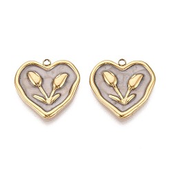 Светло-коричневый 304 подвески из нержавеющей стали и эмали, сердце с цветочными подвесками, ионное покрытие (ip), реальный 18 k позолоченный, загар, 23x23x2 мм, отверстие : 1.8 мм