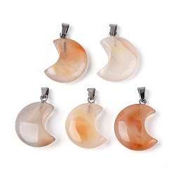 Red Agate Подвески из натурального красного агата (окрашенного и нагретого), Подвески в виде луны с железным колье на дужках, платина, 23~24x16.5~18x6.5~7 мм, отверстие : 5.5~6x2.5 мм