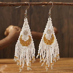 Белый Винтажные этнические серьги-подвески из стеклянных бусин ручной работы в форме луны, золотые, белые, 90x27 мм