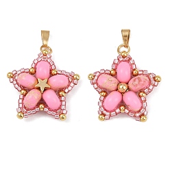 Бледно-Розовый Подвески из стеклянного бисера ручной работы и синтетических окрашенных бусин императорской яшмы, звезда, розовый жемчуг, 27x28.5x8.5 мм, отверстие : 6x2.5 мм