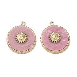 Rhodonite Natural Rhodonite Pendants, 304 Stainless Steel Flat Round with Sun Bezeled Charms, Ion Plating(IP), Real 14K Gold Plated, 18x16x3mm, Hole: 1.5mm
