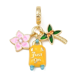 Желтый Стойка покрытие латунь кубический цирконий летние европейские подвески-шармы, эмалированный багаж и подвески из кокосовой пальмы с большими отверстиями, реальный 18 k позолоченный, долговечный, без кадмия и без свинца, желтые, 34 мм, отверстие : 4.5 мм