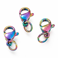 Rainbow Color Ионное покрытие (ip) 304 застежки-клешни из нержавеющей стали, 201 кольцо из нержавеющей стали, с целью перехода в кольце, Радуга цветов, 11x7x3 мм, отверстие : 3 мм, Перейти кольцо: 5x0.6 мм