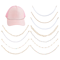 Mixed Color 3Bags 3 Styles Brass & Iron & Plastic Pearl Hat Chains, with Acrylic Rhinestone, for Hat Accessories, Mixed Shapes, Mixed Color, 275~300x3~10x2~7.5mm, 3pcs/set