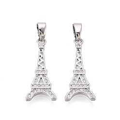 Платина Латунные микропаве прозрачные подвески с фианитом, эйфелева башня подвески, платина, 20x9x1.5 мм, отверстие : 5x2 мм