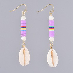 Lilac Dangle Earrings, with Polymer Clay Heishi Beads, Natural Spiral Shell Round Beads, Cowrie Shell Beads and Real 18K Gold Plated Brass Earring Hooks, Lilac, 75mm, Pin: 0.7mm