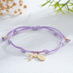 Лиловый Латунь шарм браслеты, регулируемые плетеные браслеты из нейлонового шнура для женщин, крест и овал с девой марией, золотые, сирень, регулируемый