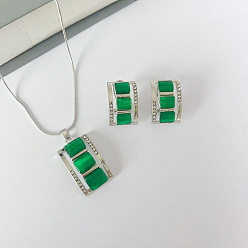 Зеленый Комплект из ожерелья и серег-гвоздиков из прямоугольного сплава с кошачьим глазом и хрустальными стразами, зелёные, 400 мм