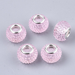 Pink Resin Rhinestone European Beads, Large Hole Beads, with Platinum Tone Brass Double Cores, Rondelle, Berry Beads, Pink, 14x10mm, Hole: 5mm