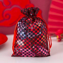 Красный Прямоугольные сумки из органзы с кулиской и принтом, шотландка шаблон, красные, 15x10 см