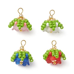 (52) Непрозрачная лаванда Подвески из нейлоновой проволоки, стеклянных бусин ручной работы с акриловыми колпачками и латунными бусинами, цветок, разноцветные, 14~15x13~15x13~14 мм, отверстие : 2.5x2 мм