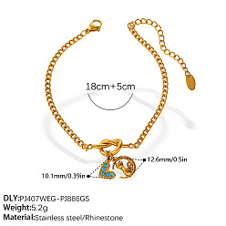 Herz 304 Edelstahl-Armbänder mit aquamarinfarbenen Strasssteinen und Knotenanhänger für Damen, golden, Herz, 7.09 Zoll (18 cm)