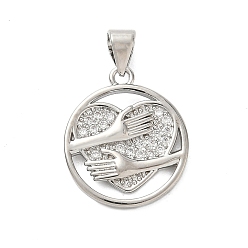 Платина Латунные микропаве прозрачные подвески с фианитом, плоский круглый с сердечками, стойки покрытие, долговечный, без свинца и без кадмия, платина, 18.5x16x2 мм, отверстие : 4x3.4 мм