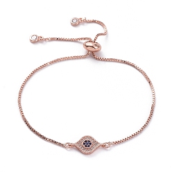 Rose Gold Adjustable Brass Slider Bracelets, Bolo Bracelets, with Box Chains, Brass Micro Pave Cubic Zirconia Links and Cardboard Packing Box, Eye, Rose Gold, 9 inch(23cm)
