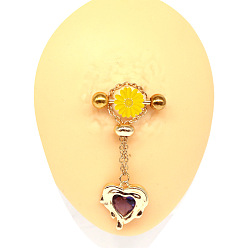 Сердце 316l хирургические соски-штанги из нержавеющей стали с кубическим цирконием, цепочка кисточка кольца для сосков, золотые, сердце, 14 мм, штифты : 1.6 мм