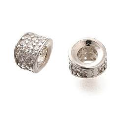 Платинированный 925 бусины из стерлингового серебра с микропаве, прозрачные бусины из кубического циркония, плоско-круглые, Реальная платина, 5.8x4.5 мм, отверстие : 3 мм