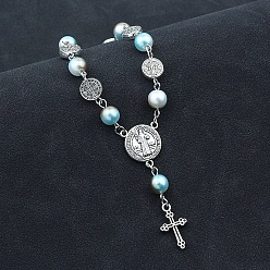 Светло-Голубой Браслеты с подвесками из сплава святого бенедикта и креста, браслет из пластиковых четок, Небесно-голубой, 7-1/2 дюйм (19 см)