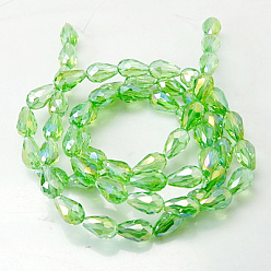 Lime Green Electroplate Glass Beads Strands, AB Color Plated, Faceted Teardrop, Lime Green, 7x5mm, about 65~67pcs/strand, 18~18.5 inch(45.5~46.9cm)