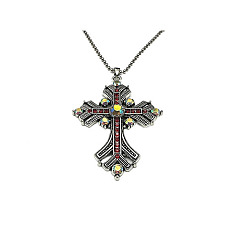 Siam Clair  Colliers à pendentif croix en strass, avec des chaînes à billes en alliage d'argent antique, light siam, 27.56 pouce (70 cm)