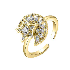 Золотой Вращающееся открытое кольцо Star Moon для женщин, латунные кубические циркониевые кольца-спиннеры, регулируемое кольцо манжеты для снятия стресса, золотые, 13 мм, внутренний диаметр: регулируемый