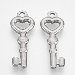 Stainless Steel Color Non-Tarnish 304 Stainless Steel Pendants, Key, Stainless Steel Color, 28x10.5x2.5mm, Hole: 2mm