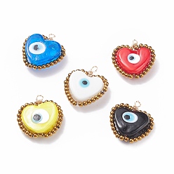 Mixed Color Handmade Evil Eye Lampwork Pendants, with Electroplate Glass Beads, Light Gold, Heart, Mixed Color, 21~23x20~21x7~8mm, Hole: 2mm
