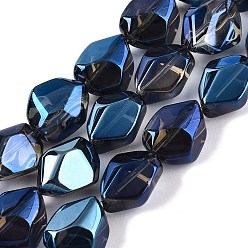 Морской Синий Стеклянные бусины с гальваническим покрытием , самородки, Marine Blue, 12x9.5~10x7 мм, отверстие : 1 мм, около 55 шт / нитка, 25.98'' (66 см)